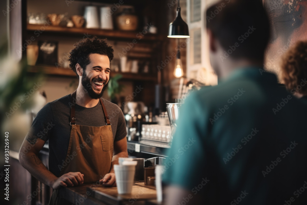 A happy young barista is talking and giving advice about drinking coffee at a coffee shop.