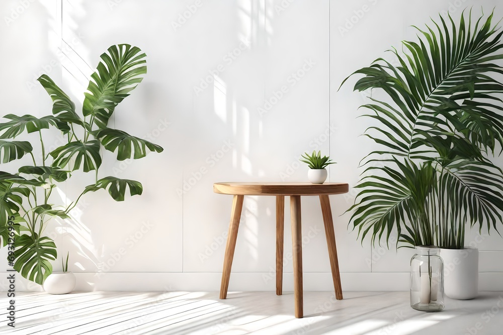 Wooden round side table with green tropical plant leaves with beautiful sun light and shadow on white wall