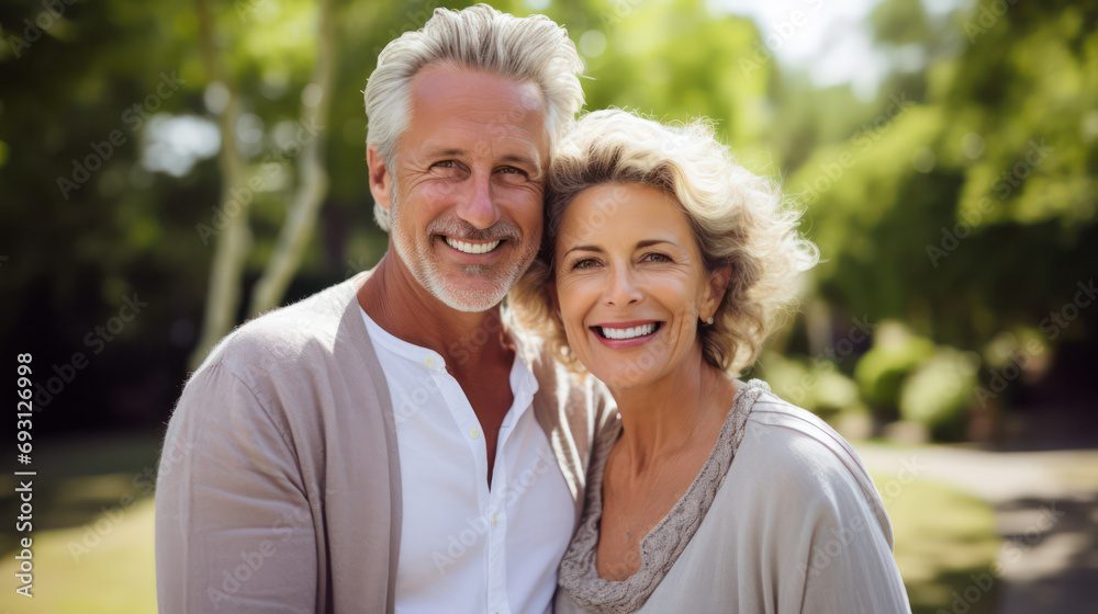Sunlit Smiles, Middle-Aged Couple Radiates Happiness, Posing on a Sunny Day Filled with Joy. Sunlit Smiles, Middle-Aged Couple Radiates Happiness, Posing on a Sunny Day Filled with Joy.
