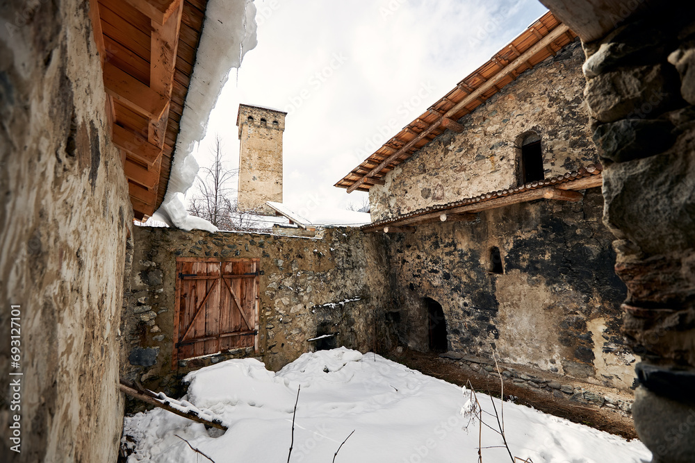 Towers of Mestia village in Svaneti region in Georgia in winter 