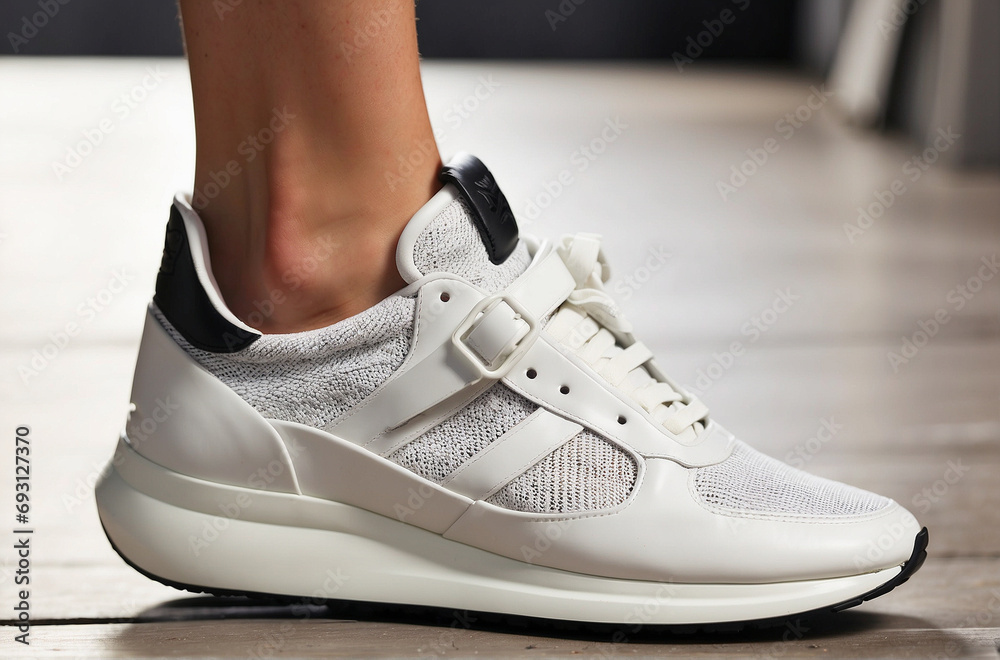 Close-up of a white sneaker on a wooden floor