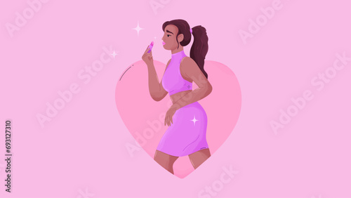 Beautiful girl with lipstick. Young stylish woman in pink trendy clothes with a bag. Trendy pink aesthetic. Vector illustration in flat cartoon style.