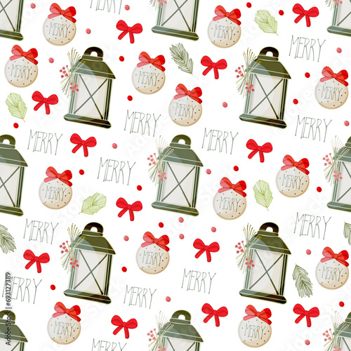 Pattern with lamps, red berries, medallions with a red bow and fir branch