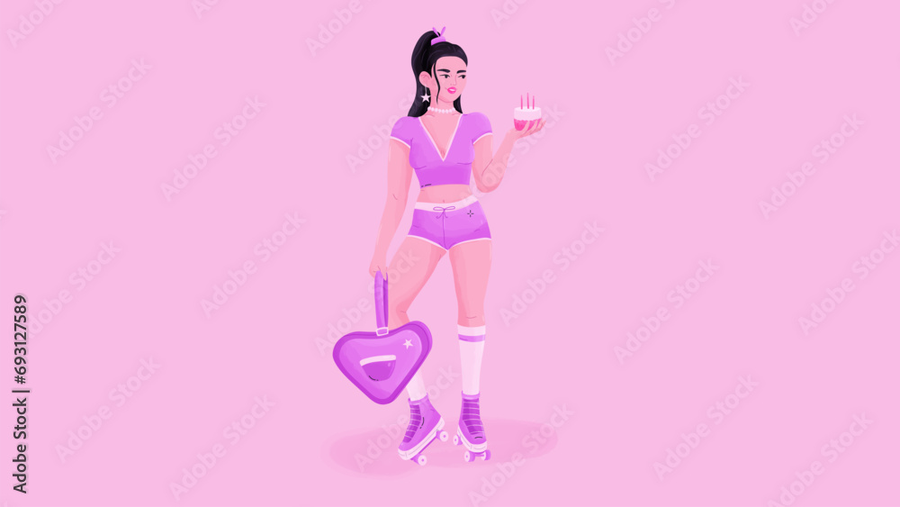 Roller skate girl. Sporty roller skating women with cake. Vector illustration in cartoon style. Roller skate girl. Sporty roller skating women with cake. Vector illustration in cartoon style.