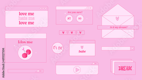 Retro pink computer browsers . Set of retro pink browsers with old computer message boxes and interface elements. Nostalgic 80s 90s vintage aesthetic. Vector illustration in flat style.
