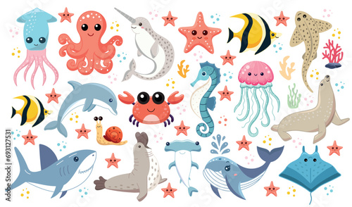 Cute sea animals, set of illustrations with aquatic inhabitants of the ocean, octopus and narwhal, starfish and yellow fish, dolphin and crab, seahorse and jellyfish, blue whale and squid © GrandDesign