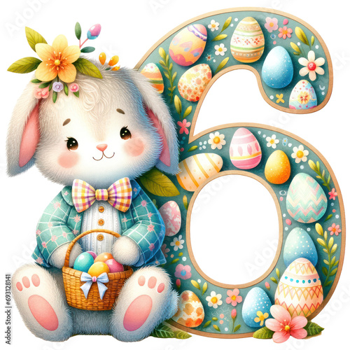 Easter bunny with eggs number " 6 " watercolor Number ,Alphabet Clipart, Decor cut out transparent isolated on white background ,PNG file ,artwork graphic design illustration.