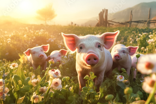 Cute pigs eating on a meadow in an organic meat farm. Pigs eating on a meadow in an organic meat farm. 