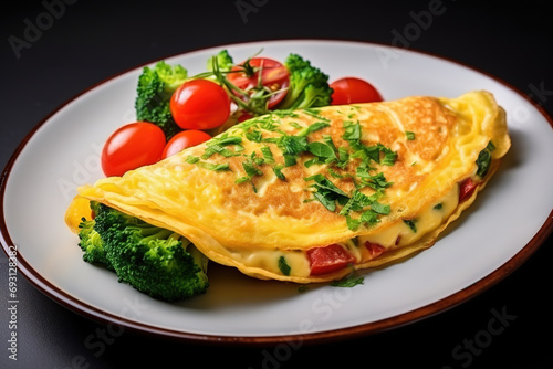 Omelette with tomatoes on plate.