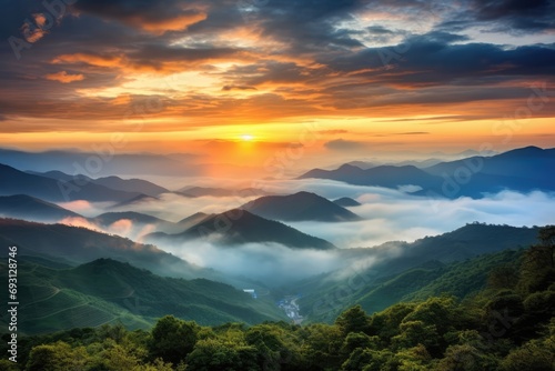 Beautiful Sunrise Over Green Mountains Fresh, Rejuvenating Natures Beauty
