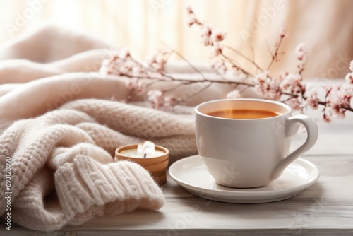 Cozy Winter Home With Tea And Knitted Blanket photo