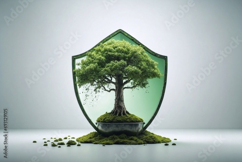 small green tree and shield on white background, symbolizing environmental protection, nature defender, safeguarding photo