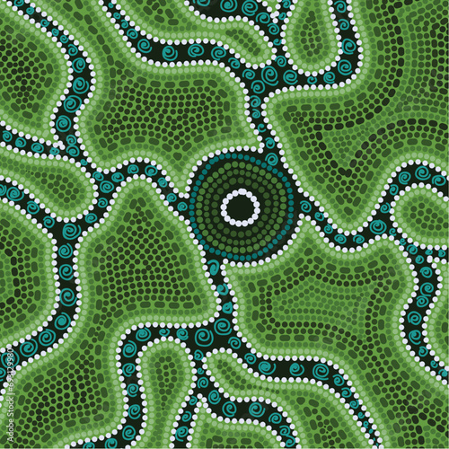 Green artwork illustration with aboriginal dot art influence