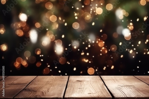 Festive Christmas Tree Blurs As Wood Table Takes Center Stage