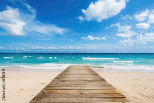 Wooden Boardwalk, Sandy Beach, Serene Ocean And Sky