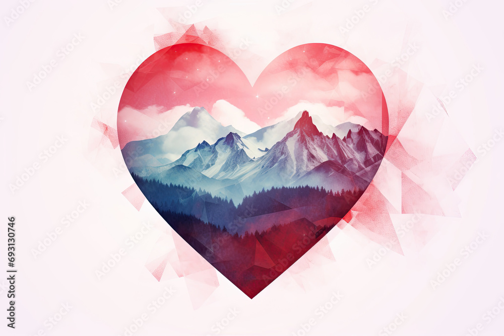 Double Exposure Red Heart with Love on Winter Landscape Mountains Poster, Valentine's Day Illustration Background. Perfect for Valentine's Day, Birthday, Holiday Greetings Card, and Web Banner
