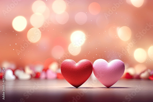 3D Cute Colorful Heart Shape Love with Garland Lights on Table, Blue Bokeh Background. Perfect for Valentine's Day, Birthday, Holiday Greetings Card, and Web Banner