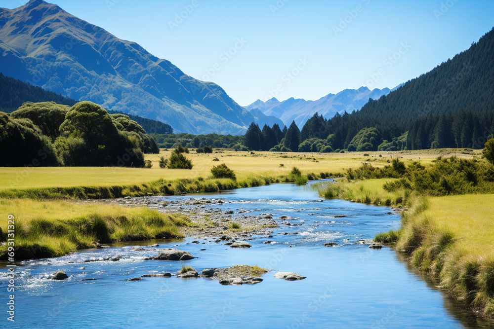 Fototapeta premium landscape with river and mountains. Generative Ai