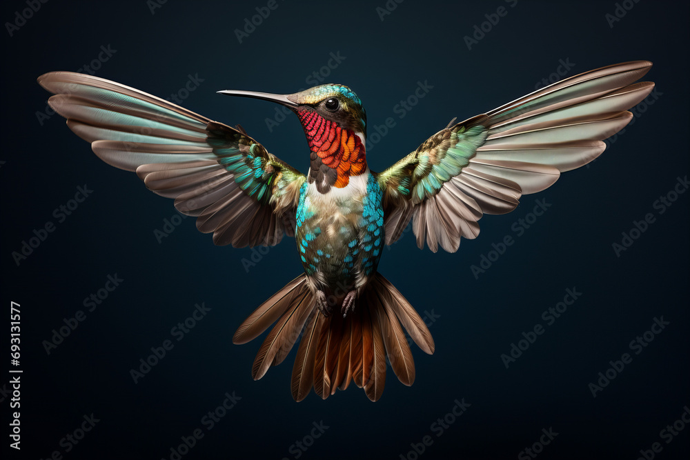 Obraz premium Humming bird, small bright and colorfull bird in flight.