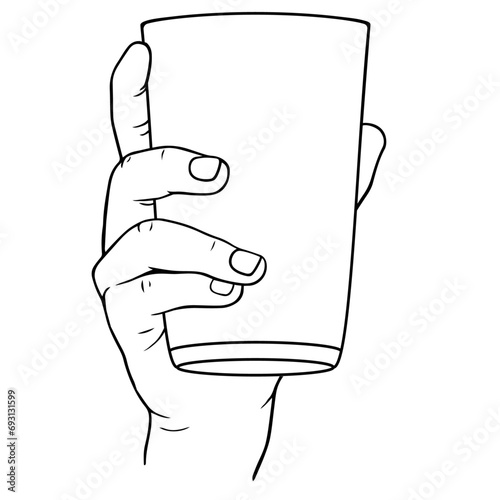 Hand holds a glass or a cup of water, coffee or tea, vector linear illustration, hand drawing