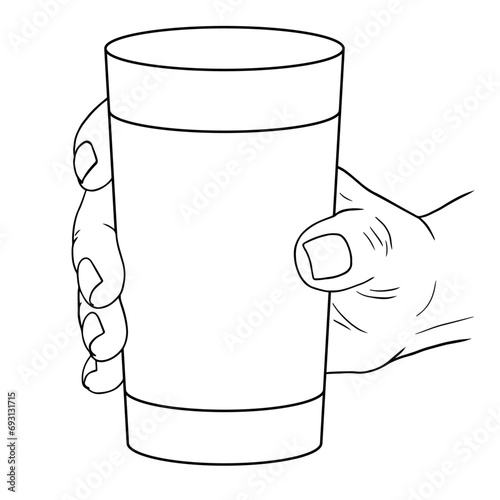 Hand holds a glass or a cup of water, coffee or tea, vector linear illustration, hand drawing