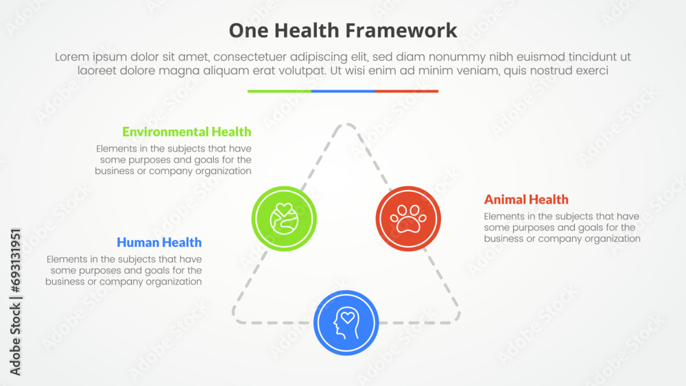 one health infographic concept for slide presentation with triangle line with big circle patch with 3 point list with flat style one health infographic concept for slide presentation with triangle line with big circle patch with 3 point list with flat style