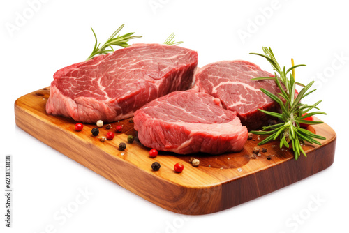 Fresh raw meat steaks and rosemary on cutting board isolated on transparent background