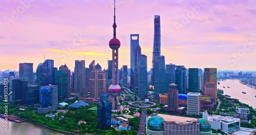 Aerial shot of downtown buildings skyline at sunrise in Shanghai, China