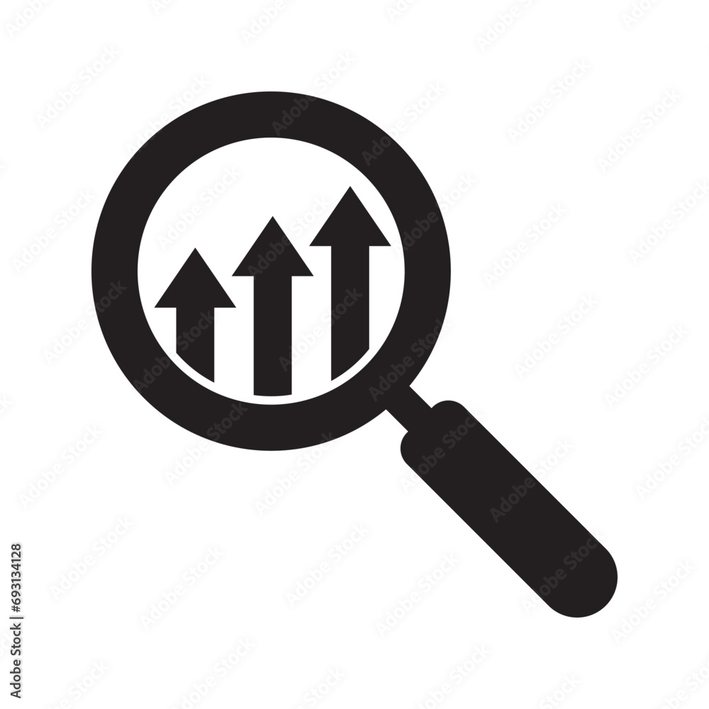 Magnifying glass with increasing bar chart icon. Magnifying glass with increasing bar chart icon.