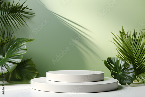 White podium against background with tropical leaves and shadows, for cosmetic display or product presentation