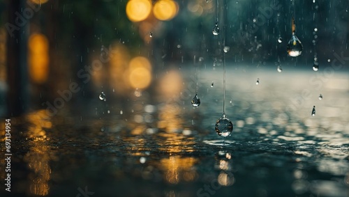 Rain drops drip into the water  which is very clear  against a blurred background. Generative ai