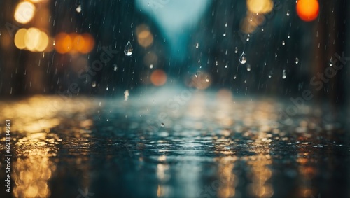 Rain drops drip into the water, which is very clear, against a blurred background. Generative ai © kunitskiy