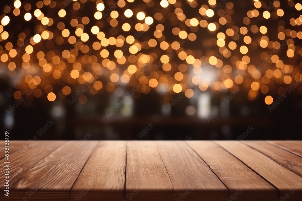 Empty wood table and bokeh light background.