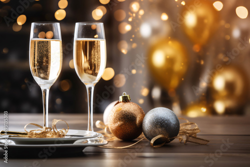 Two glasses of champagne on the wooden table with party ornament and balloons in gold and silver colors, with beautiful light bokeh, Christmas and new year background.