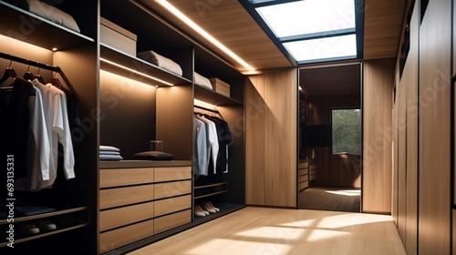 Walk in closet with luxury warm wooden wardrobe and drawer storage decorated with beautiful lighting, modern and minimal style walk in wardrobe and dressing room interior design.