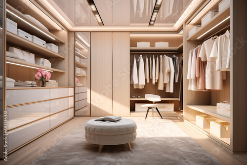 White and beige wood women walk in closet  with warm wooden wardrobe  white drawer and armchair  modern luxury mixed with minimal style feminine dressing room interior design.
