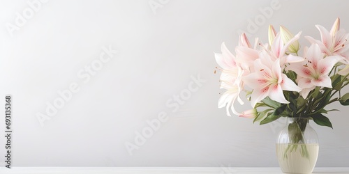 Real photo of flowers on table in white living room with copy space.