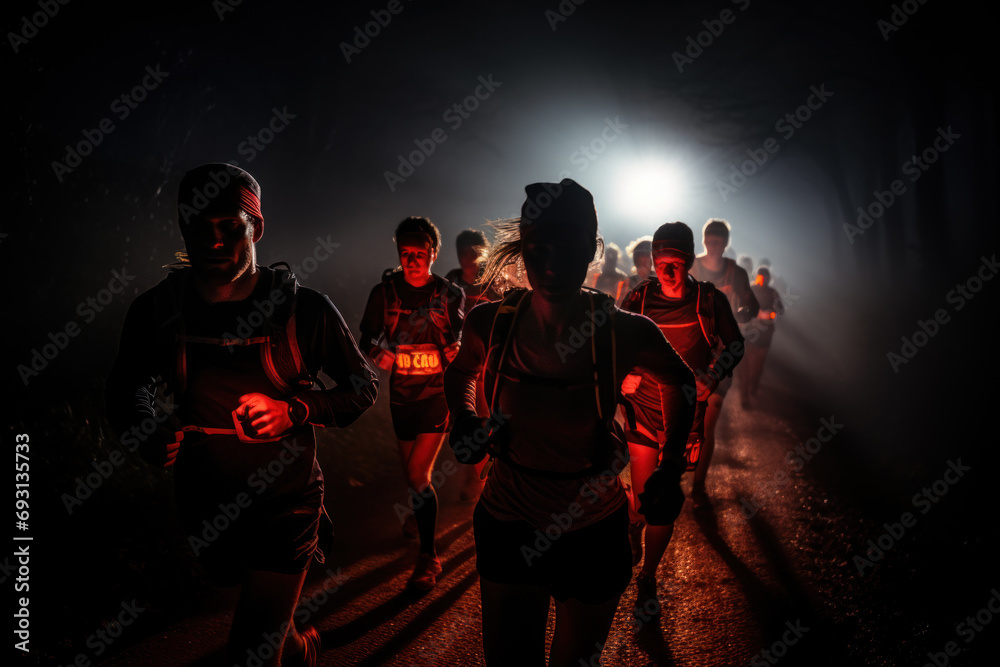 A group of runners wore headlamps and reflective gear for an early morning trail run. When the sun has not yet risen or at night