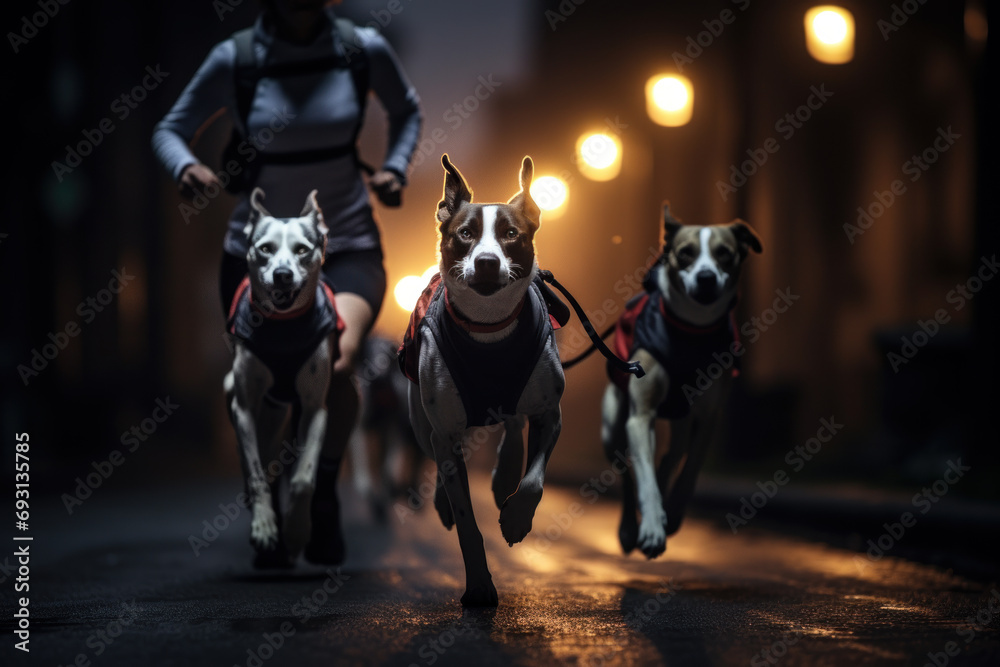 Runners wearing headlights and reflective equipment run with dogs on leashes at night