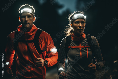 A group of runners wore headlamps and reflective gear for an early morning trail run. When the sun has not yet risen or at night