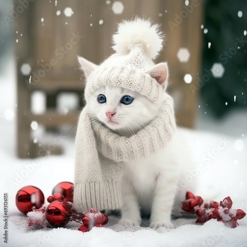 10- White kitten in the snow, generative ai