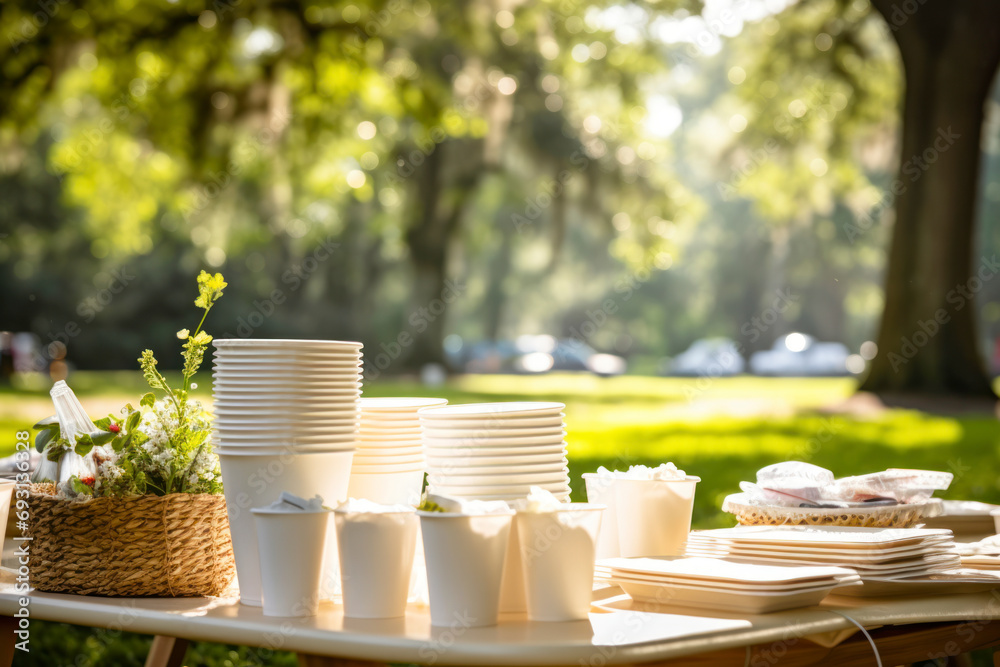 Foto Stock Biodegradable picnic, table set with compostable plates, utensils, and cups
