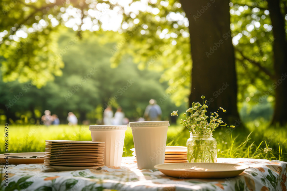 Biodegradable picnic, table set with compostable plates, utensils, and cups, surrounded by a