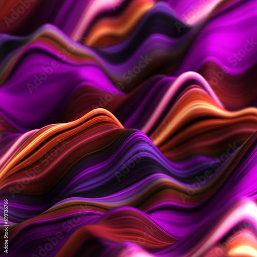 Abstract, fluid and colorful 3D background texture with lines. Modern and contemporary feel. Reflective with shades of purple, pink, black and orange.