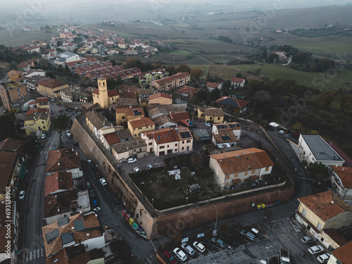 Italy, December 13, 2023 - aerial view of the town of Tavullia in the province of Pesaro and Urbino in the Marche region. We are on the border with Romagna photo