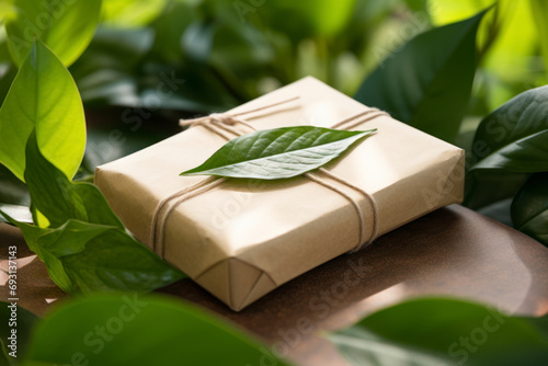 Eco-friendly packaging, close-up of a biodegradable material wrapping a product, surrounded by vibrant greenery, a symbol of sustainable choices.