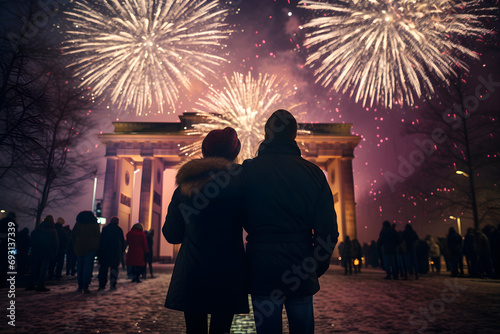 Couple Welcoming the New Year at Brandenburg Gate Amidst Fireworks, in Germany Berlin photo