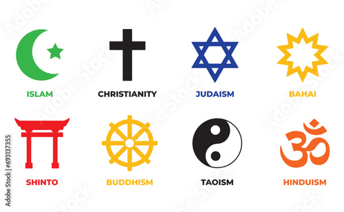 Set of simple design pluralism colorful icon ; Religion symbol ; Sign of major religious group ; Islam, Christianity, Judaism, Bahai, Shinto, Buddhism, Taoism, Hinduism  photo