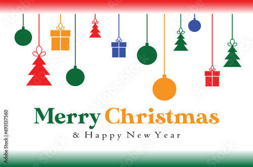 Simple design merry christmas and happy new year for greeting card or background ; hanging christmas ornament; flat desgin