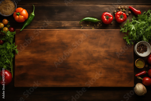 Food cooking background, ingredients for preparation vegan dishes, vegetables, roots, spices and herbs. Old cutting board. Healthy food concept. Rustic wooden table background, top view	
 photo